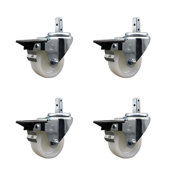 3'' Nylon Wheel Swivel 3/4'' Square Stem Caster Set with Brake, 4PK